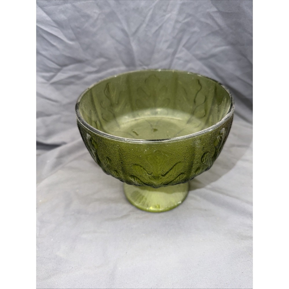 Vintage FTD 1975 Avocado Green Glass Pedestal Compote Dish with Oak Leaf Design
